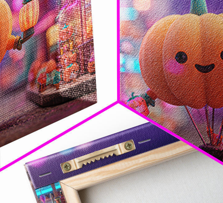 The Pumpkin Balloon Parade, Cute Spooky Neon Art, Landscape Wall Art, Framed Canvas Print, Retro Halloween Decor, Neon Wall Art