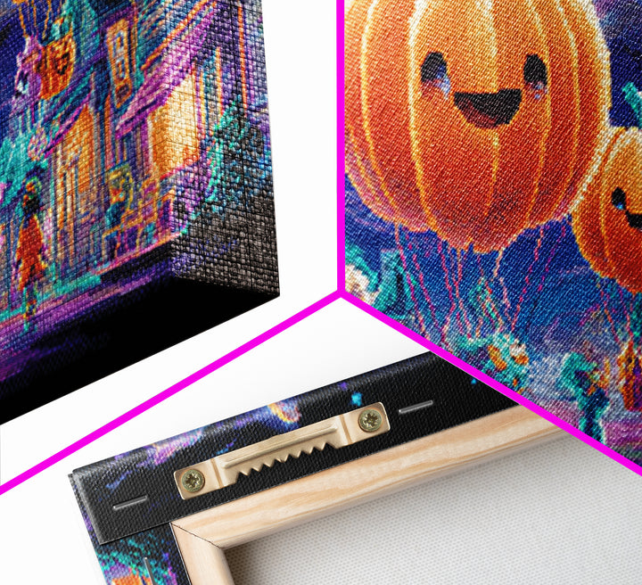 The Pumpkin Balloon Parade, 80s Halloween Wall Art, Wide Panoramic Art, Canvas Print, Retro Halloween Decor, Neon Wall Art