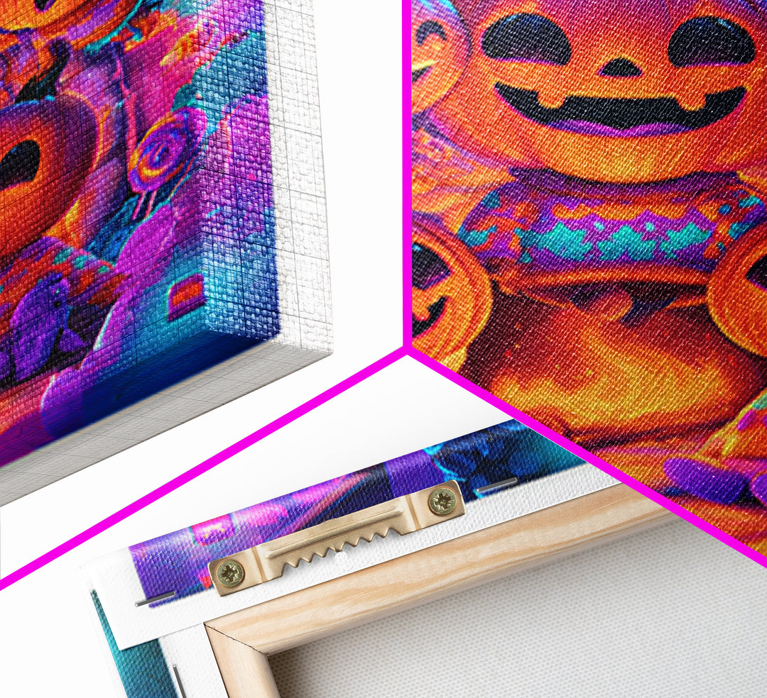The Pumpkin Family Portrait, 80s Halloween Wall Art, Square Wall Art, Framed Canvas Print, Retro Halloween Decor, Neon Wall Art