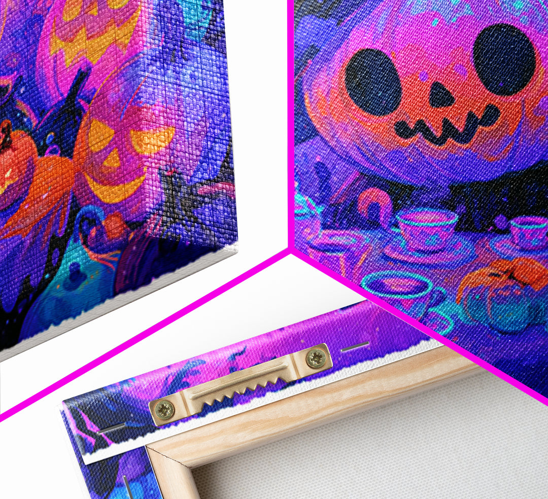 The Pumpkin Tea Party, Retro Neon Halloween Art, Landscape Wall Art, Framed Canvas Print, Retro Halloween Decor, Neon Wall Art