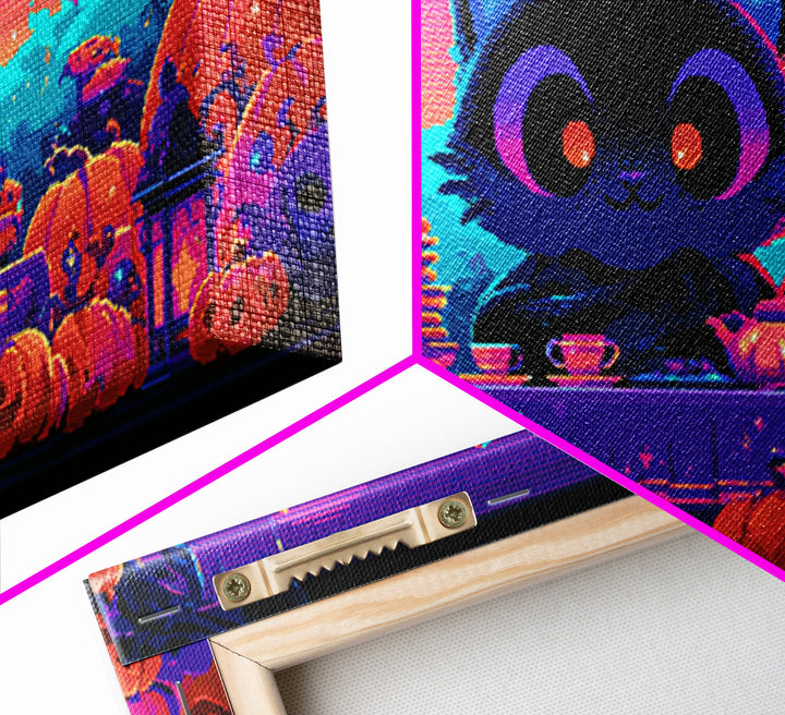 The Pumpkin Tea Party, 80s Halloween Wall Art, Wide Panoramic Art, Canvas Print, Retro Halloween Decor, Neon Wall Art