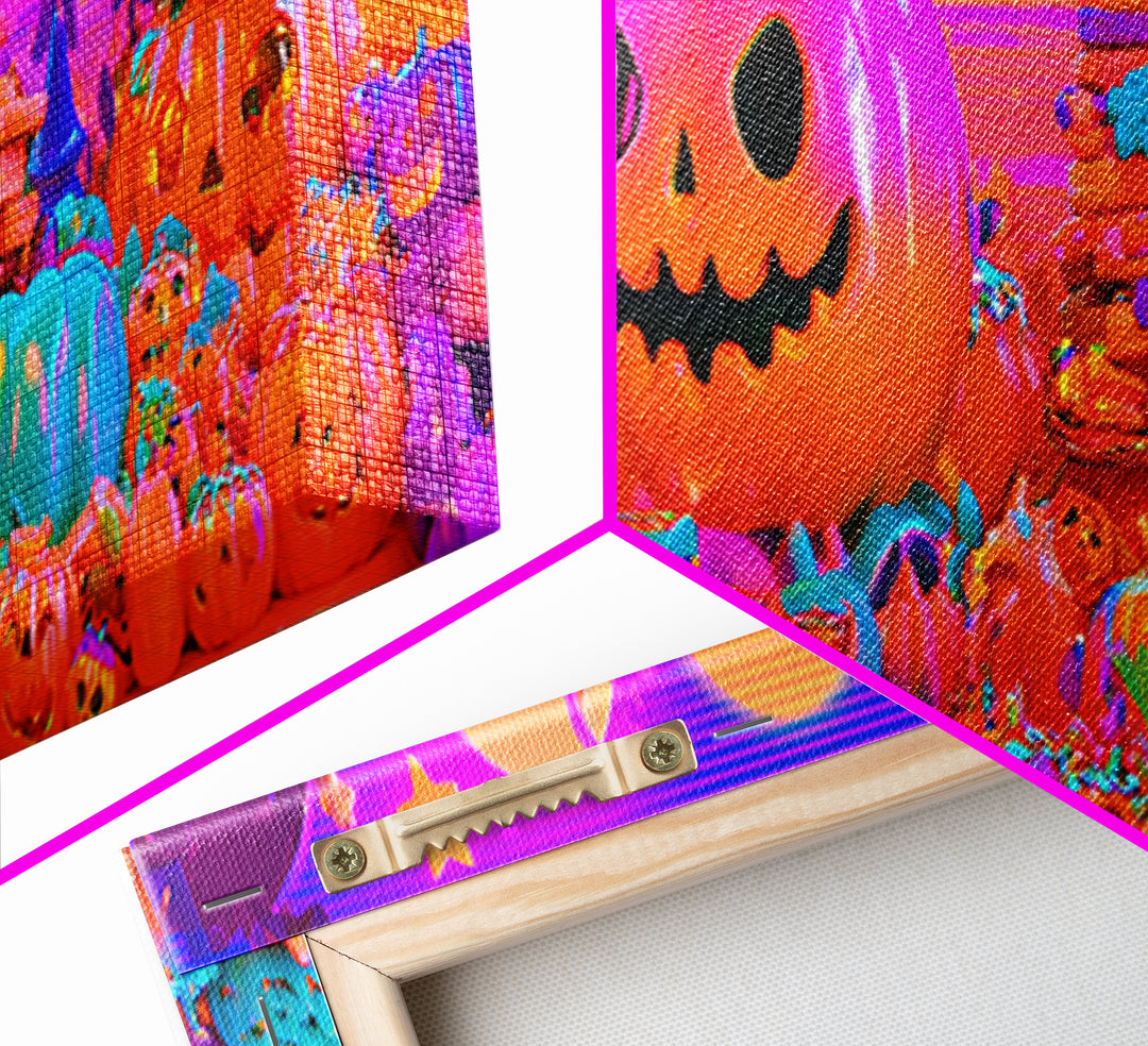 The Pumpkin Tea Party, Cute Spooky Neon Art, Extra Wide Wall Art, Framed Canvas Print, Retro Halloween Decor, Neon Wall Art