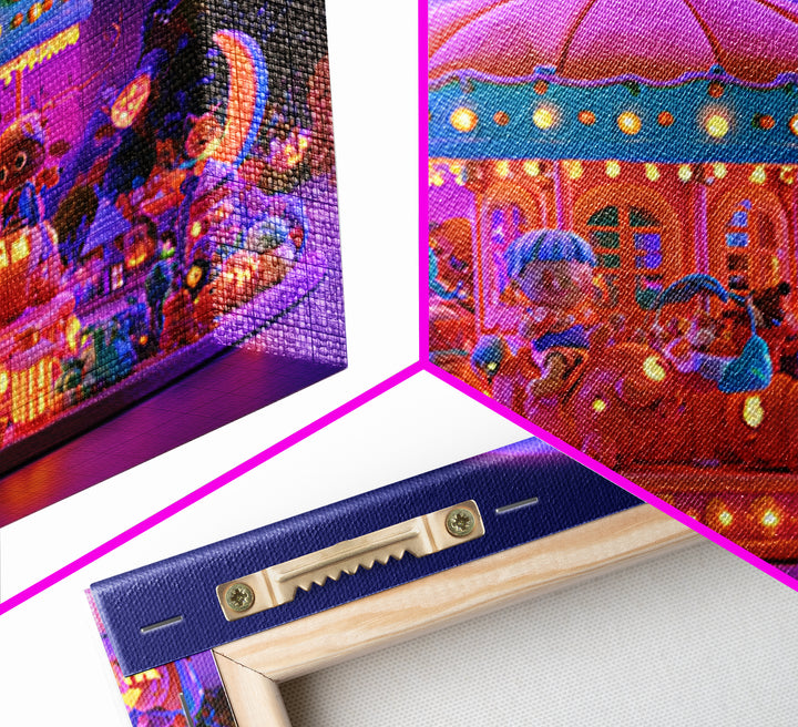 The Pumpkin Carousel, Retro Neon Halloween Art, Landscape Wall Art, Framed Canvas Print, Retro Halloween Decor, Neon Wall Art
