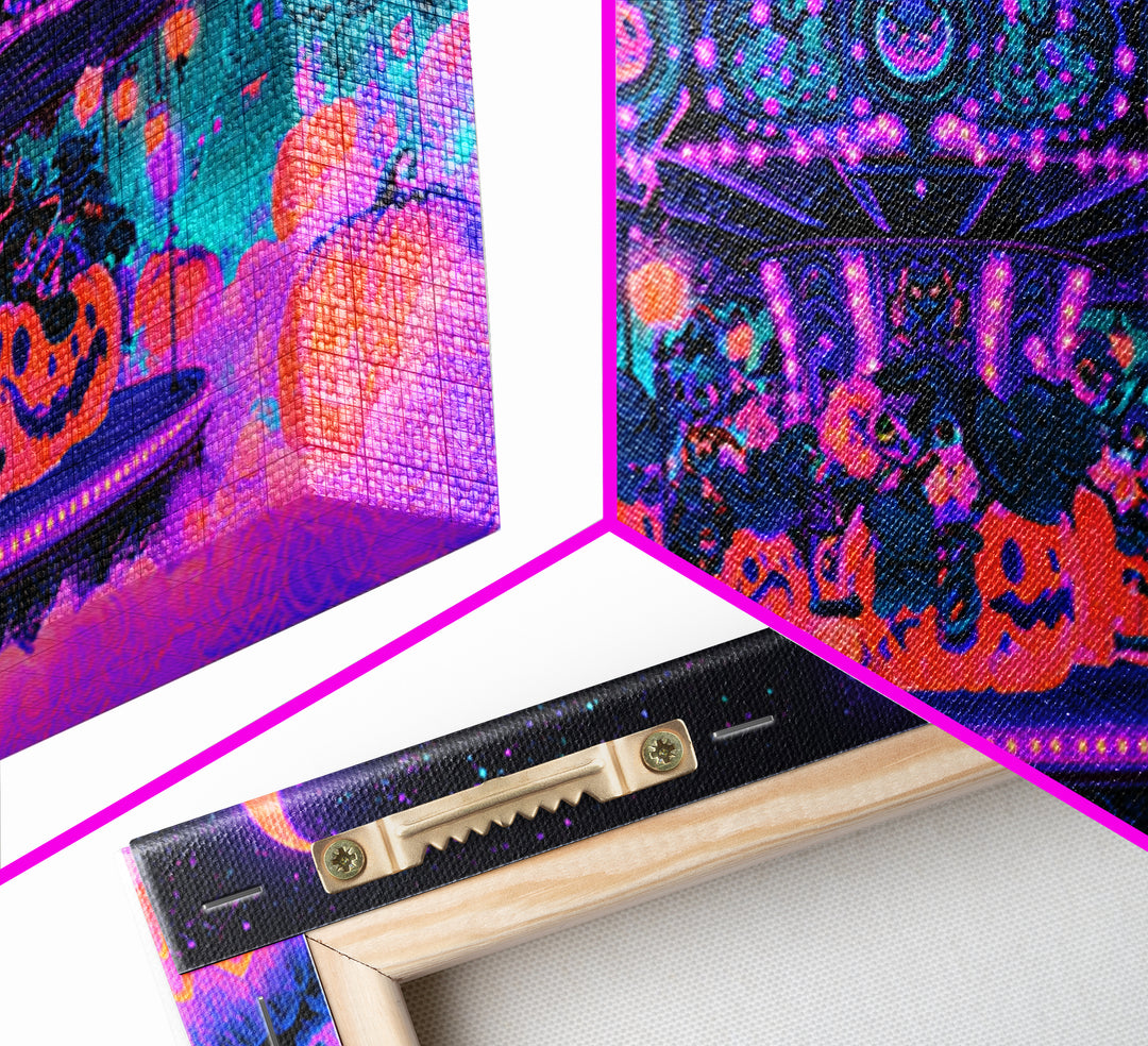 The Pumpkin Carousel, Synthwave Halloween Art, Wide Panoramic Art, Canvas Print, Retro Halloween Decor, Neon Wall Art, Statement Wall Art