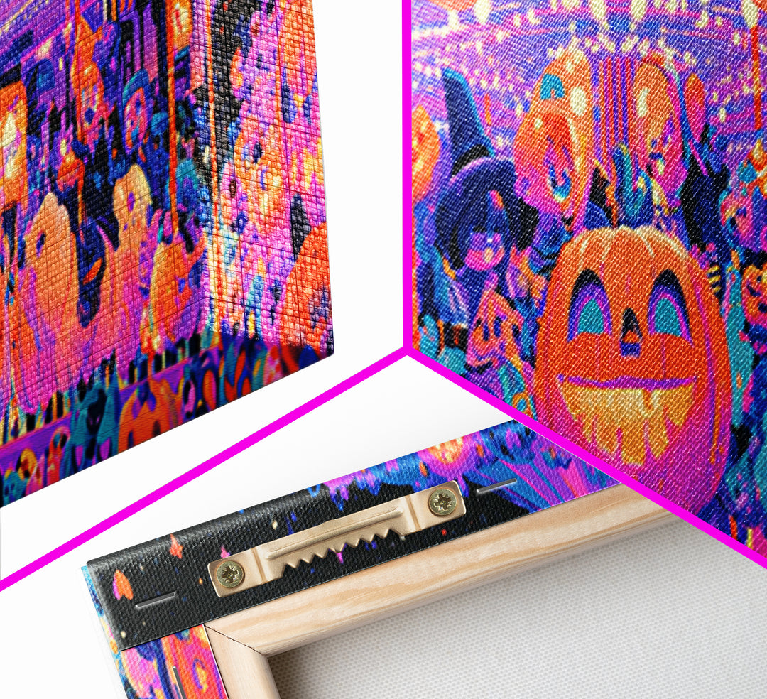 The Pumpkin Carousel, Synthwave Halloween Art, Extra Wide Wall Art, Framed Canvas Print, Retro Halloween Decor, Neon Wall Art