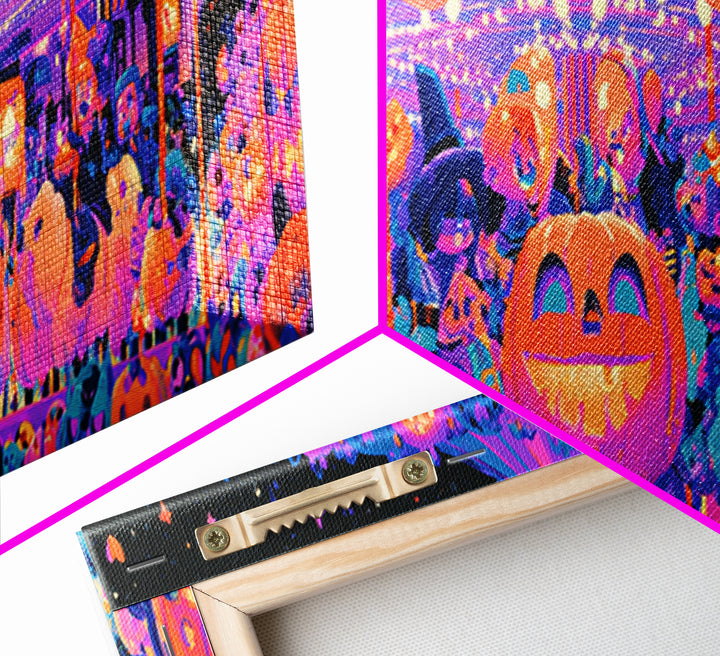 The Pumpkin Carousel, Synthwave Halloween Art, Extra Wide Wall Art, Framed Canvas Print, Retro Halloween Decor, Neon Wall Art