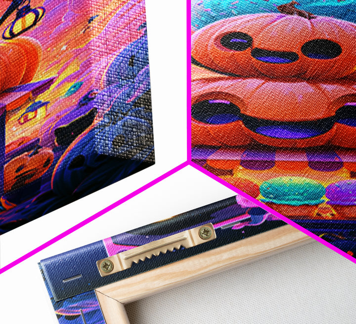 The Pumpkin Ice-Cream Stand, Synthwave Halloween Art, Vertical Wall Art, Canvas Print, Retro Halloween Decor, Neon Wall Art