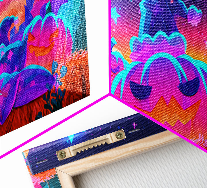 The Pumpkin Pajama Party, Synthwave Halloween Art, Wide Panoramic Art, Framed Canvas Print, Retro Halloween Decor, Neon Wall Art