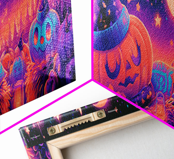 The Pumpkin Pajama Party, Synthwave Halloween Art, Extra Wide Wall Art, Framed Canvas Print, Retro Halloween Decor, Neon Wall Art