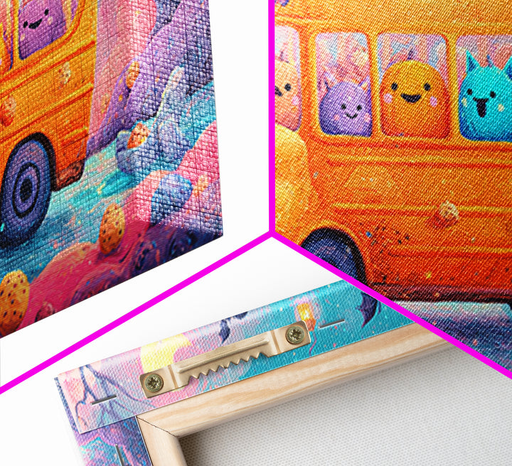 The Pumpkin School Bus, 80s Halloween Wall Art, Wide Panoramic Art, Canvas Print, Retro Halloween Decor, Neon Wall Art, Statement Wall Art