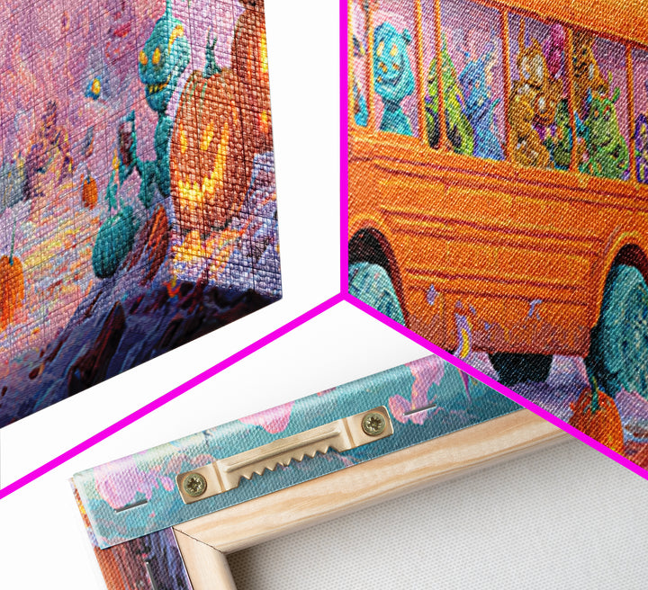 The Pumpkin School Bus, 80s Halloween Wall Art, Extra Wide Wall Art, Framed Canvas Print, Retro Halloween Decor, Neon Wall Art