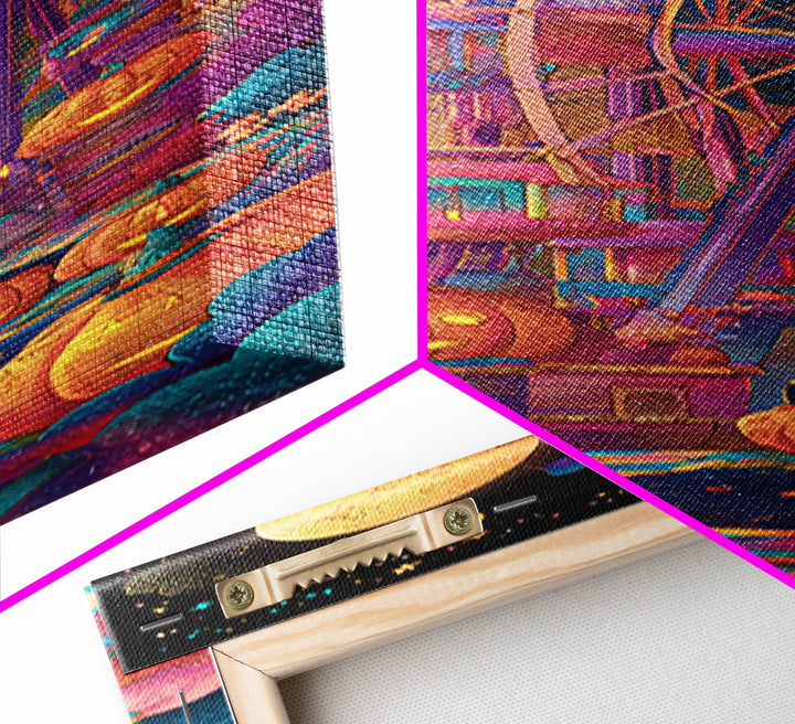 The Pumpkin Ferris Wheel, Retro Neon Halloween Art, Tall Narrow Wall Art, Framed Canvas Print, Retro Halloween Decor, Neon Wall Art