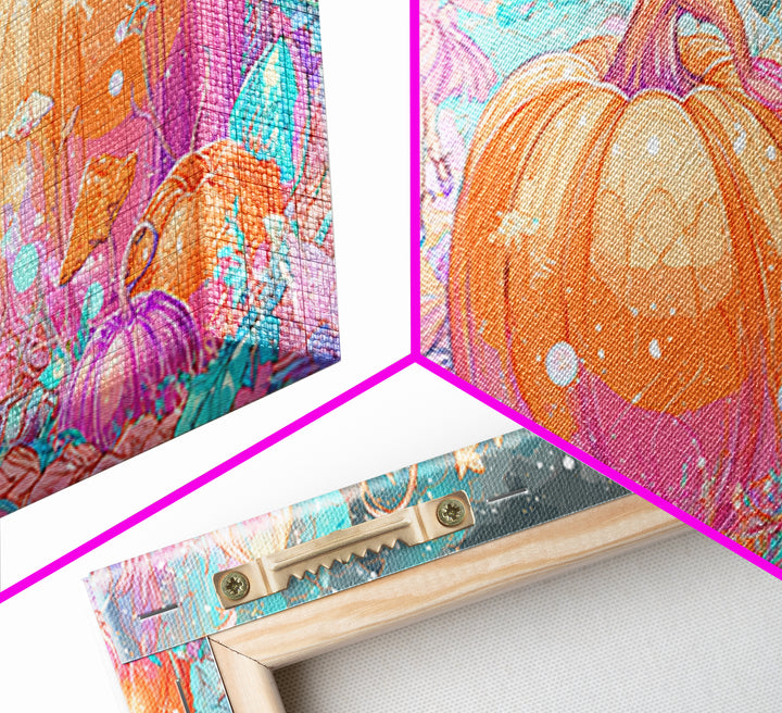 The Pumpkin Fairy Garden, Vaporwave Halloween Decor, Wide Panoramic Art, Canvas Print, Retro Halloween Decor, Neon Wall Art