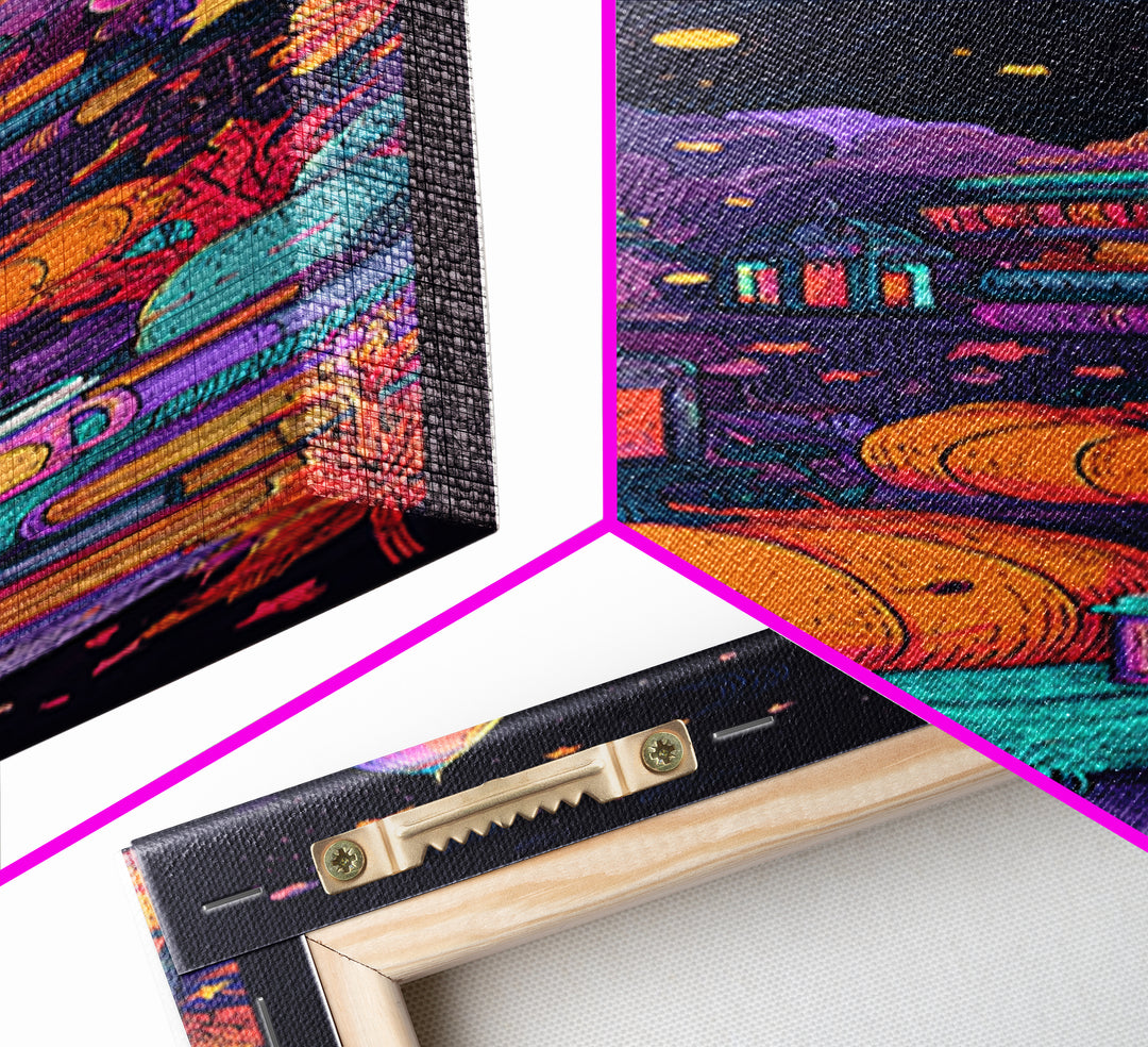 The Pumpkin Rocket Ship, 80s Halloween Wall Art, Tall Narrow Wall Art, Framed Canvas Print, Retro Halloween Decor, Neon Wall Art