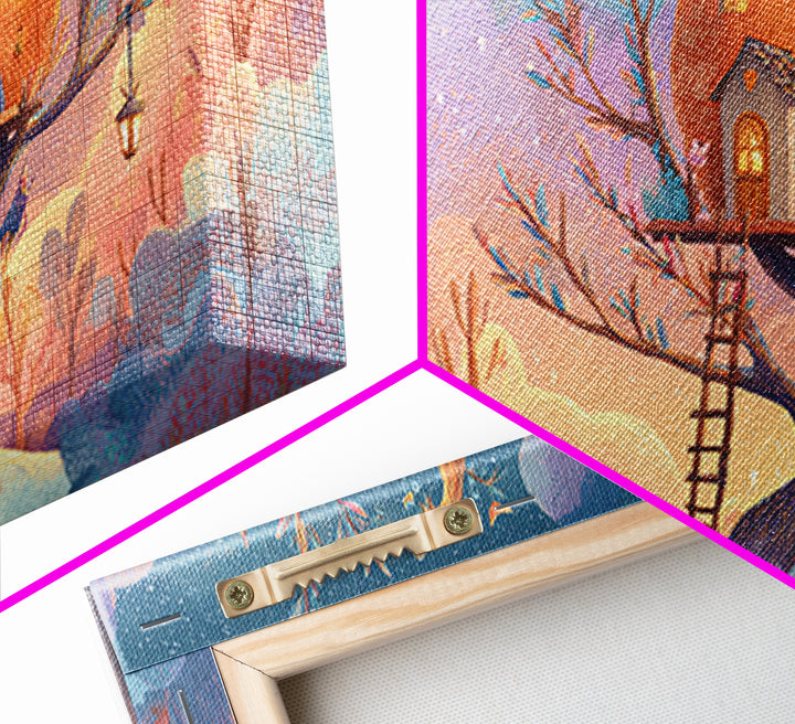 The Pumpkin Treehouse, Cute Spooky Neon Art, Wide Panoramic Art, Framed Canvas Print, Retro Halloween Decor, Neon Wall Art