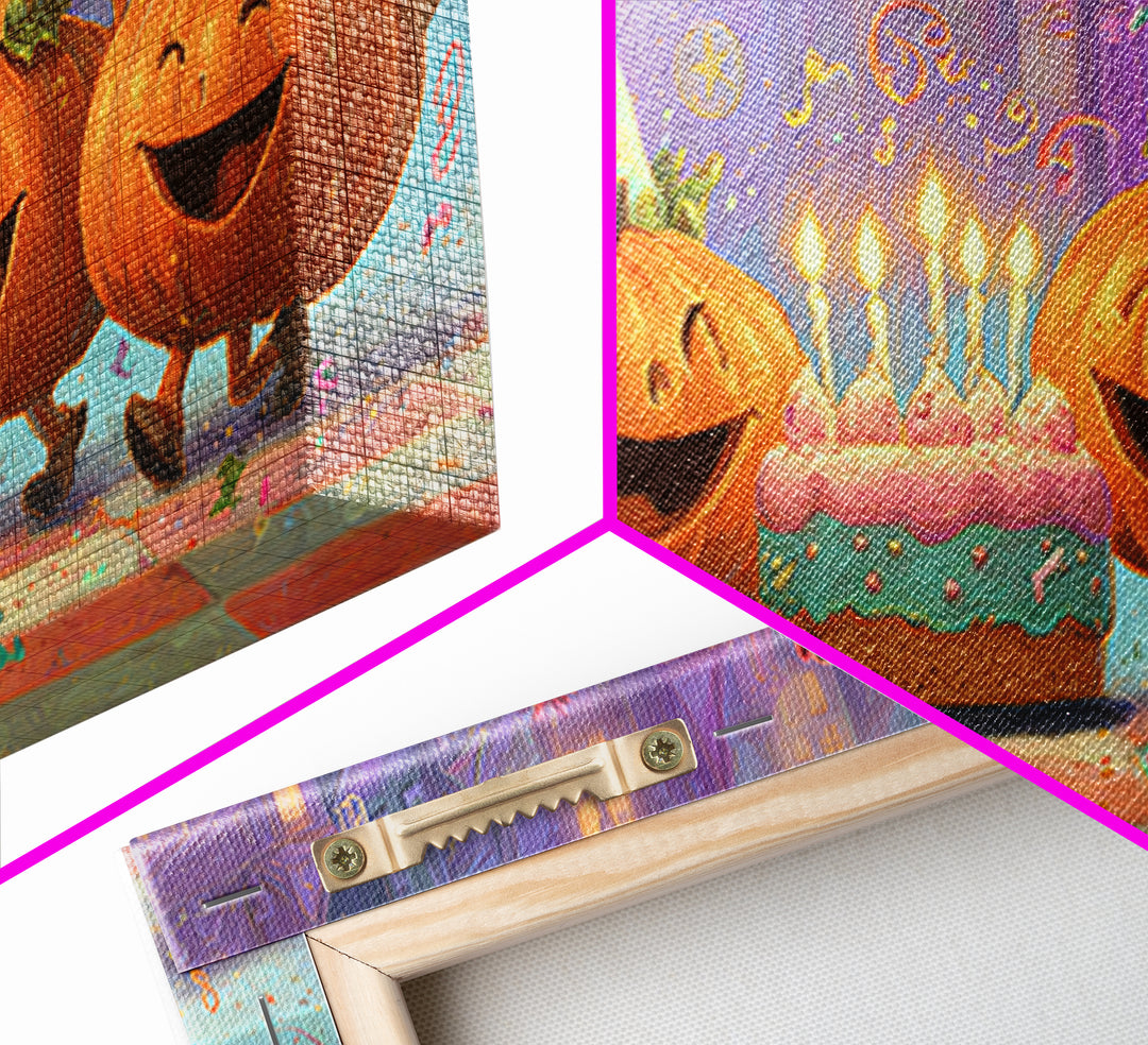 The Great Pumpkin Birthday Party, 80s Halloween Wall Art, Wide Panoramic Art, Framed Canvas Print, Retro Halloween Decor, Neon Wall Art