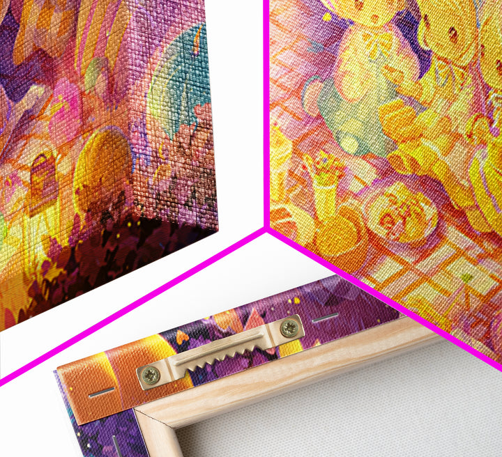 The Candy Corn Picnic, Synthwave Halloween Art, Wide Panoramic Art, Framed Canvas Print, Retro Halloween Decor, Neon Wall Art