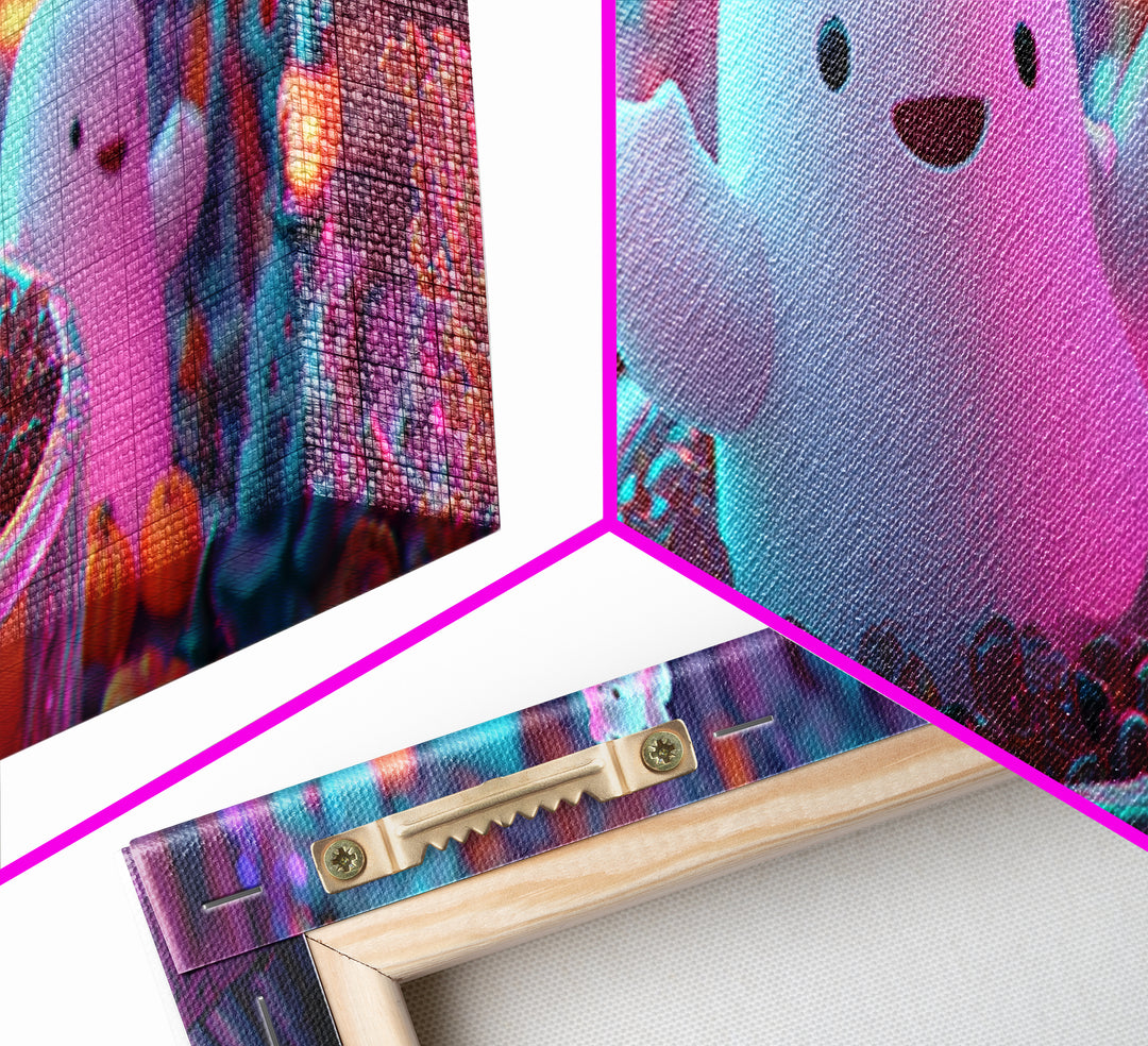 The Marshmallow Ghost Choir, Synthwave Halloween Art, Extra Wide Wall Art, Framed Canvas Print, Retro Halloween Decor, Neon Wall Art