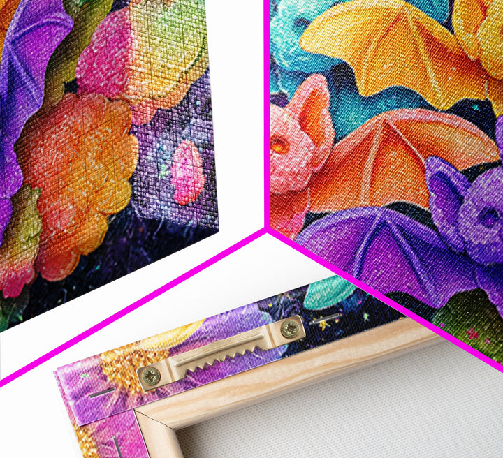 The Gummy Bat Garden, 80s Halloween Wall Art, Landscape Wall Art, Framed Canvas Print, Retro Halloween Decor, Neon Wall Art