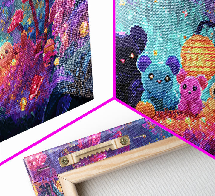 The Gummy Bat Garden, 80s Halloween Wall Art, Wide Panoramic Art, Framed Canvas Print, Retro Halloween Decor, Neon Wall Art