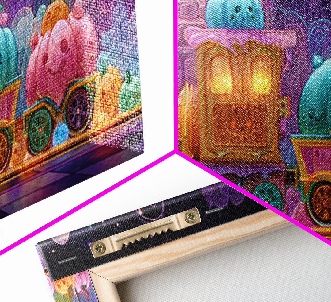 The Chocolate Pumpkin Train, 80s Halloween Wall Art, Wide Panoramic Art, Canvas Print, Retro Halloween Decor, Neon Wall Art