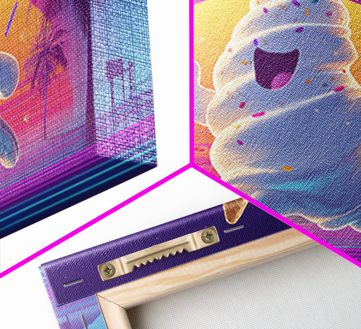 The Ice-Cream Ghost Parade, Cute Spooky Neon Art, Landscape Wall Art, Canvas Print, Retro Halloween Decor, Neon Wall Art, Spooky Wall Decor