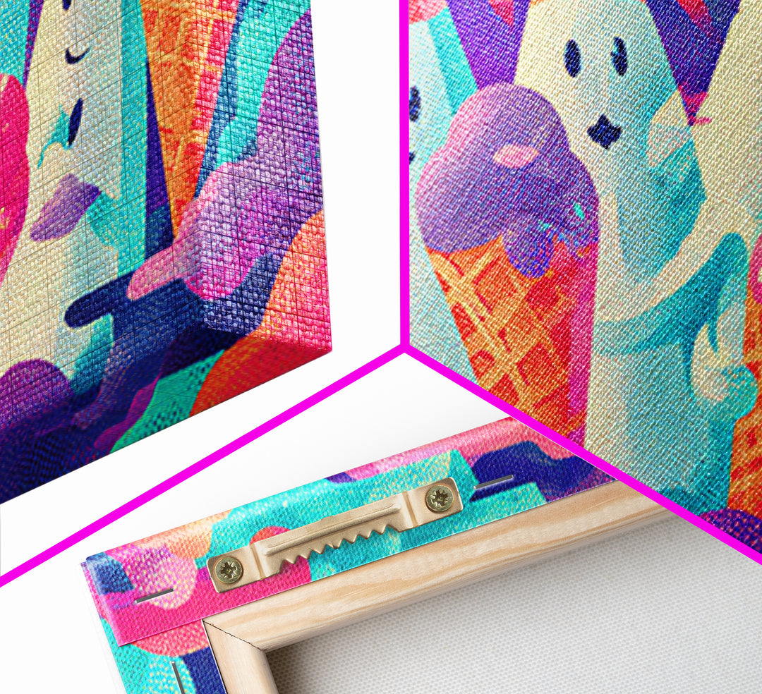 The Ice-Cream Ghost Parade, Vaporwave Halloween Decor, Wide Panoramic Art, Framed Canvas Print, Retro Halloween Decor, Neon Wall Art