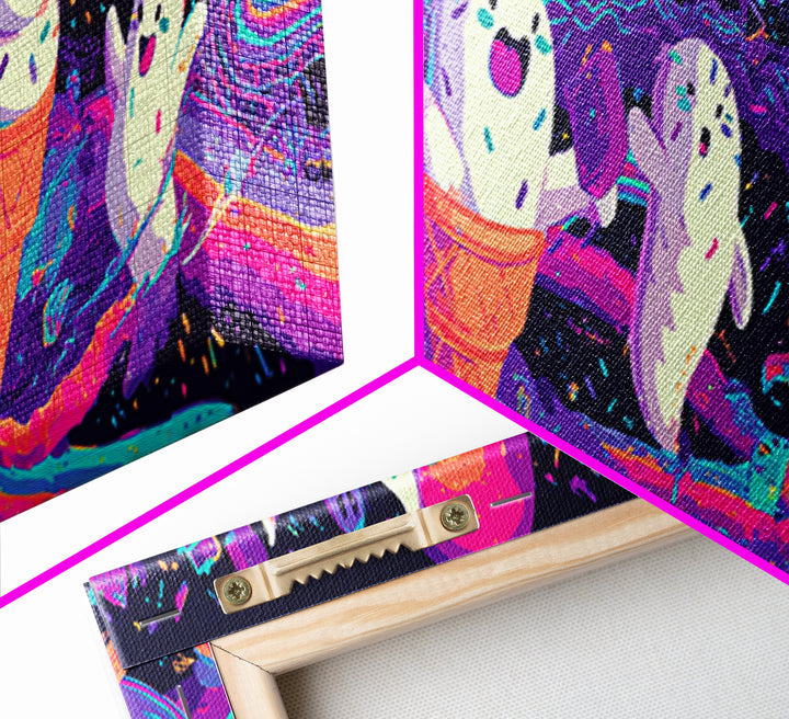 The Ice-Cream Ghost Parade, Retro Neon Halloween Art, Extra Wide Wall Art, Framed Canvas Print, Retro Halloween Decor, Neon Wall Art