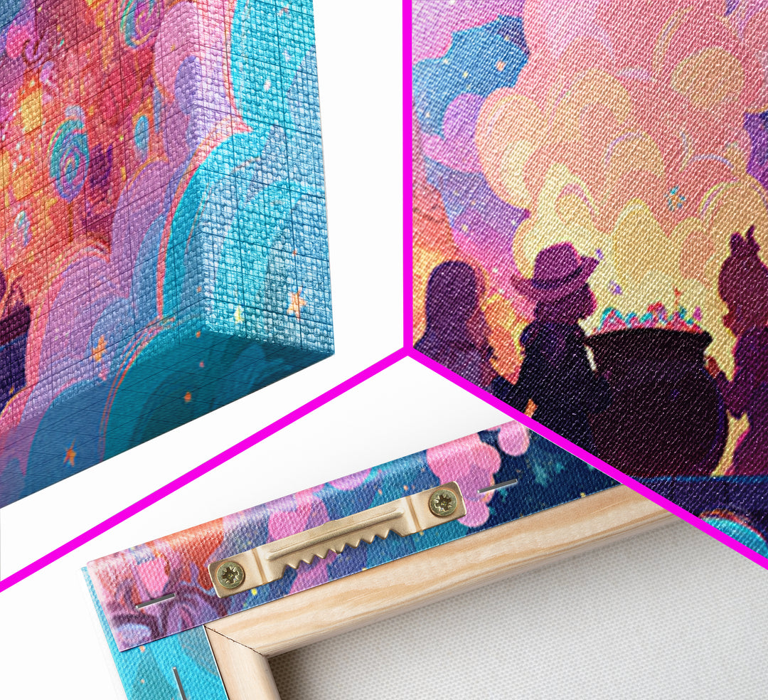 The Cotton-Candy Cauldron, Retro Neon Halloween Art, Wide Panoramic Art, Canvas Print, Retro Halloween Decor, Neon Wall Art