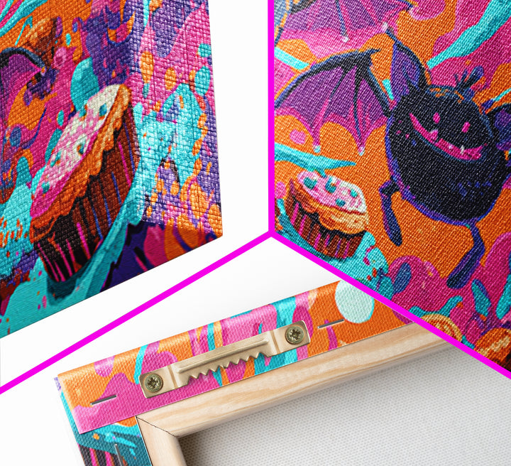 The Brownie Bat Bakery, Cute Spooky Neon Art, Wide Panoramic Art, Framed Canvas Print, Retro Halloween Decor, Neon Wall Art