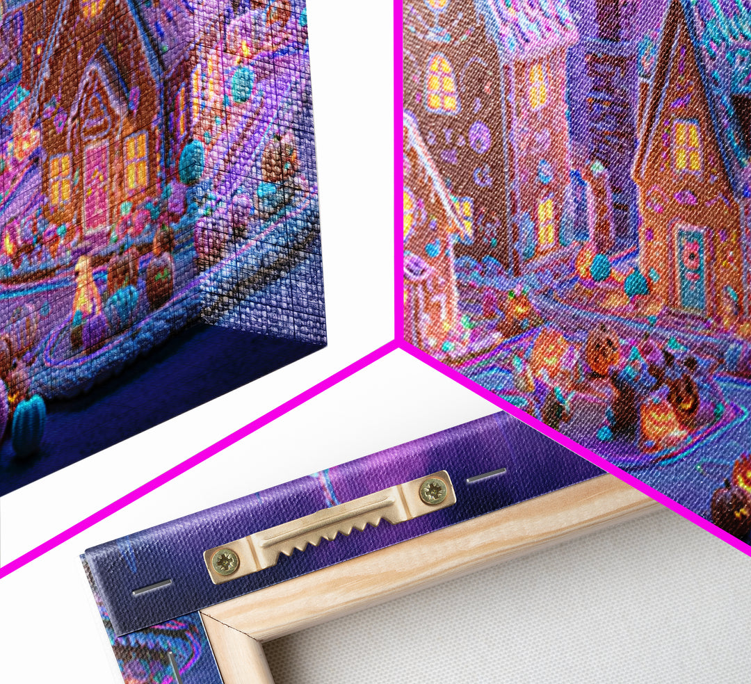 The Halloween Gingerbread Village, Retro Neon Halloween Art, Wide Panoramic Art, Framed Canvas Print, Retro Halloween Decor, Neon Wall Art