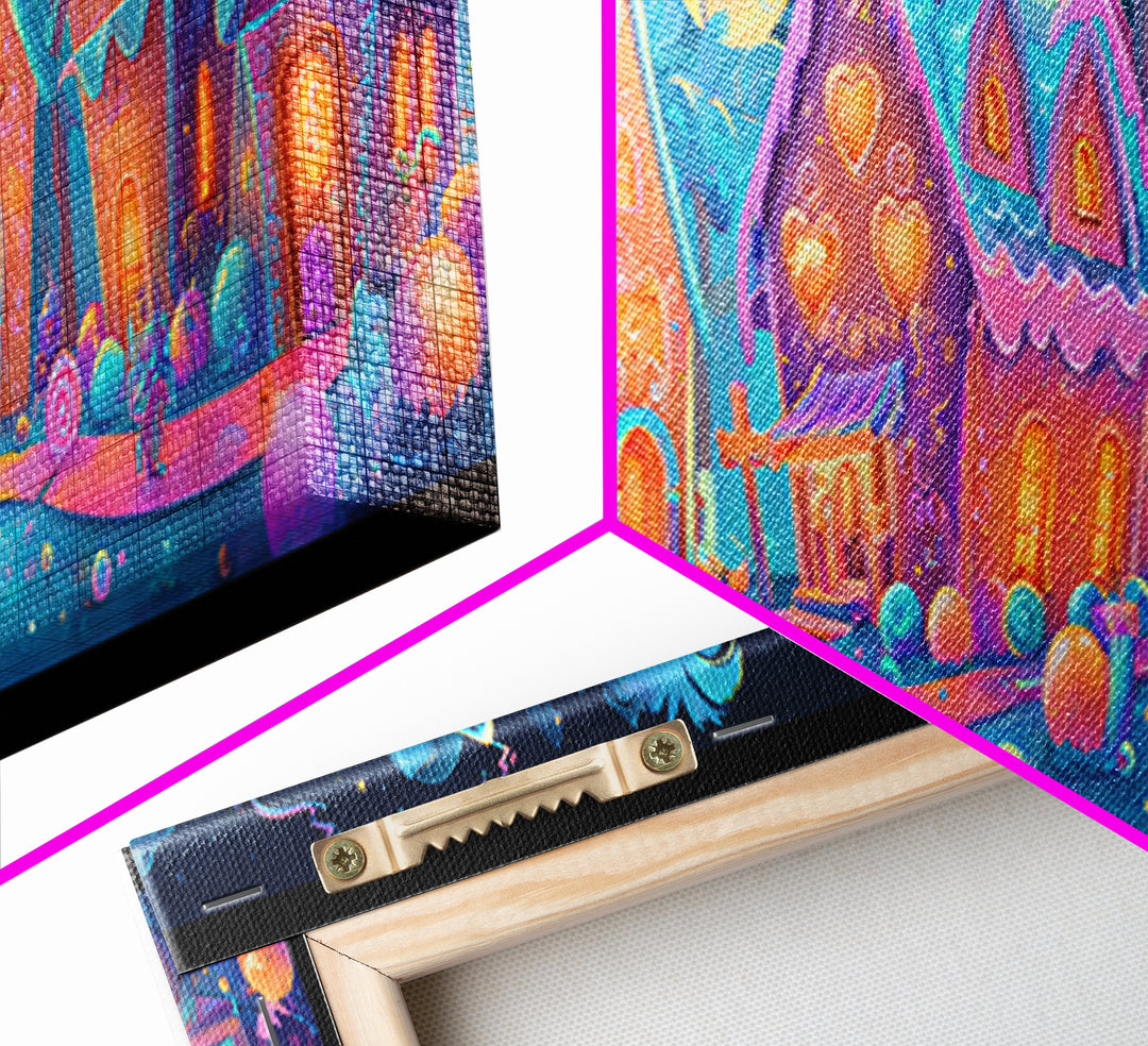 The Halloween Gingerbread Village, Retro Neon Halloween Art, Extra Wide Wall Art, Framed Canvas Print, Retro Halloween Decor, Neon Wall Art