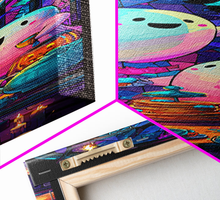 The Ghost Family Breakfast, Vaporwave Halloween Decor, Tall Narrow Wall Art, Canvas Print, Retro Halloween Decor, Neon Wall Art