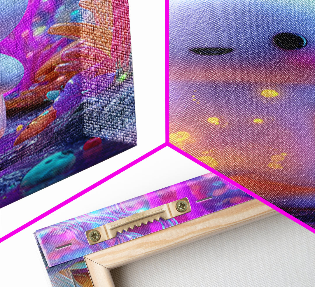 The Ghost And Firefly Friends, Synthwave Halloween Art, Vertical Wall Art, Framed Canvas Print, Retro Halloween Decor, Neon Wall Art