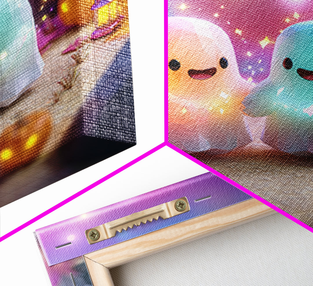 The Ghost And Firefly Friends, Cute Spooky Neon Art, Square Wall Art, Framed Canvas Print, Retro Halloween Decor, Neon Wall Art