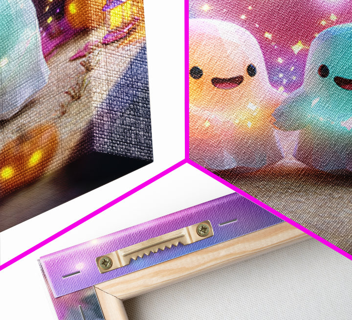 The Ghost And Firefly Friends, Cute Spooky Neon Art, Square Wall Art, Framed Canvas Print, Retro Halloween Decor, Neon Wall Art