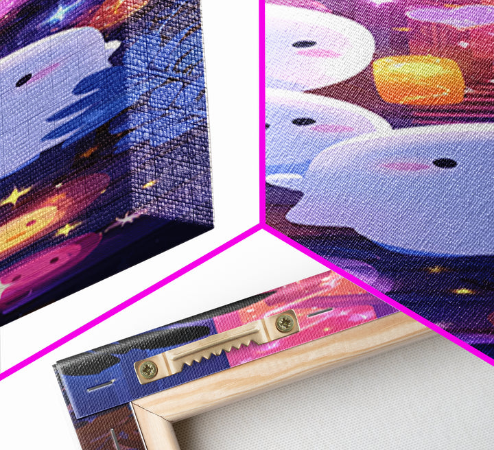 The Ghost And Firefly Friends, Vaporwave Halloween Decor, Tall Narrow Wall Art, Canvas Print, Retro Halloween Decor, Neon Wall Art