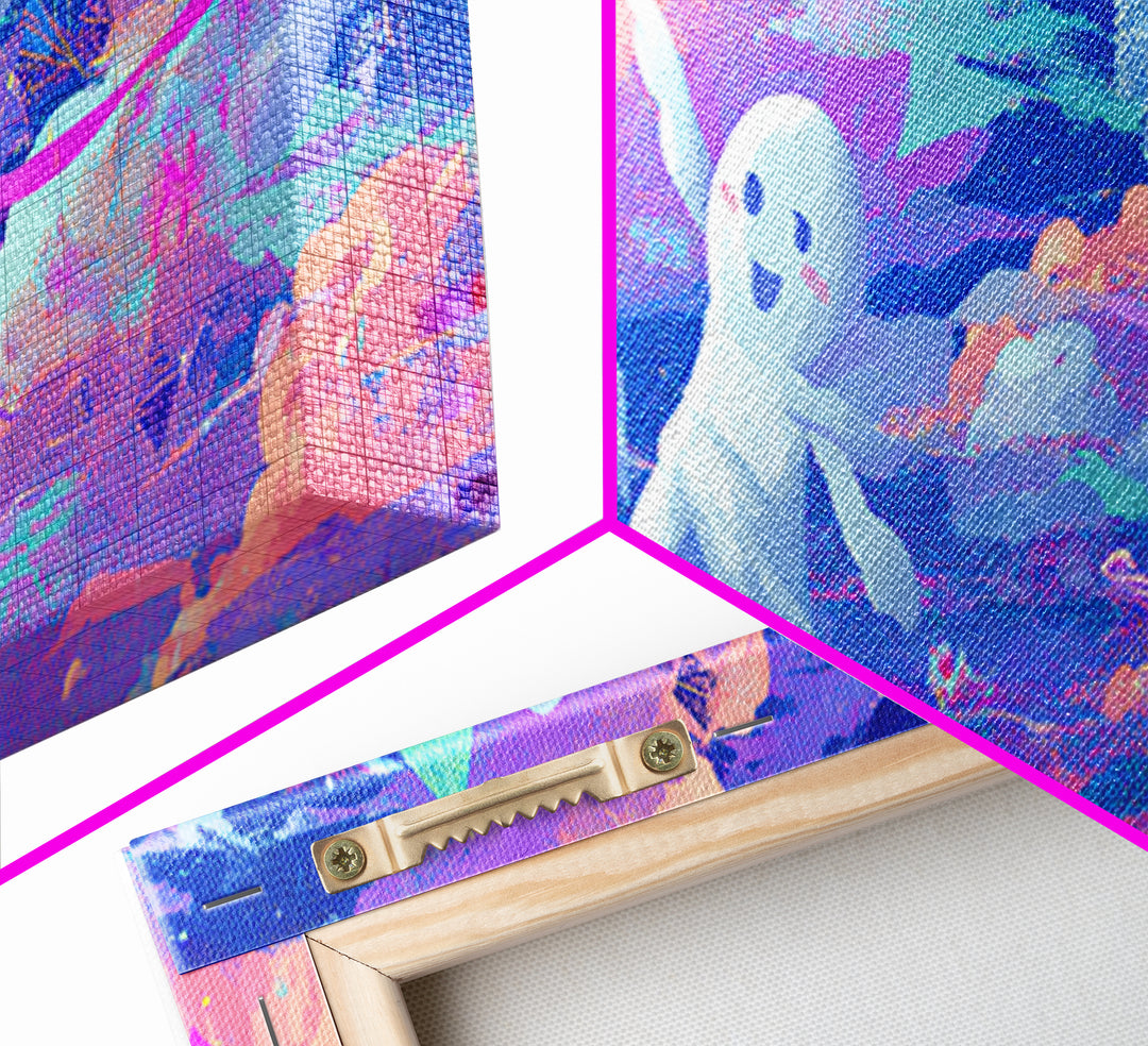 The Ghost Kite Festival, Retro Neon Halloween Art, Extra Wide Wall Art, Canvas Print, Retro Halloween Decor, Neon Wall Art