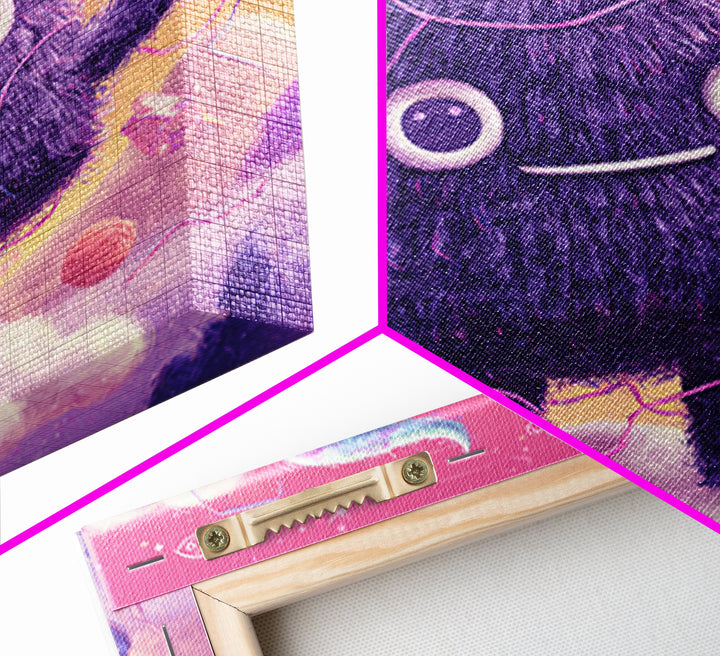 The Fuzzy Purple Monster, Vaporwave Halloween Decor, Square Wall Art, Framed Canvas Print, Retro Halloween Decor, Neon Wall Art