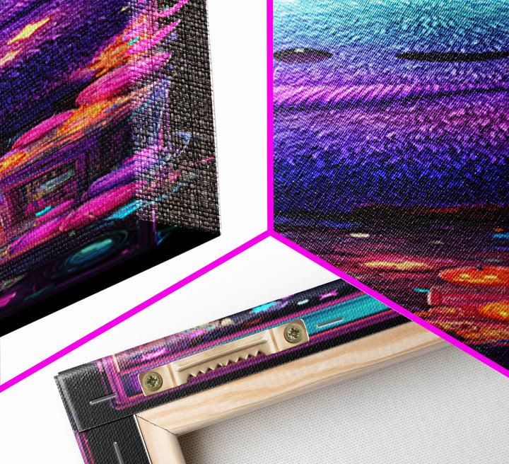 The Fuzzy Purple Monster, Synthwave Halloween Art, Tall Narrow Wall Art, Canvas Print, Retro Halloween Decor, Neon Wall Art