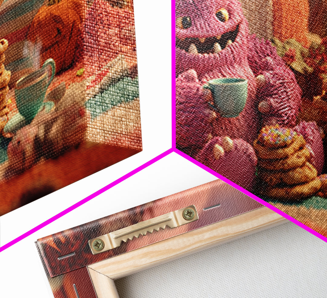 The Monster Under The Bed Tea Party, Vaporwave Halloween Decor, Wide Panoramic Art, Framed Canvas Print, Retro Halloween Decor