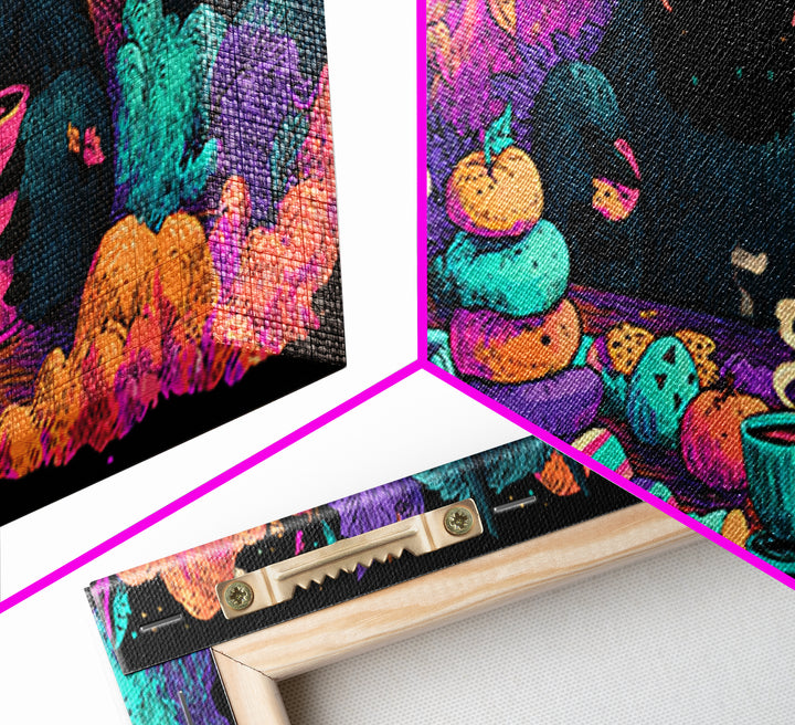 The Monster Under The Bed Tea Party, Synthwave Halloween Art, Extra Wide Wall Art, Canvas Print, Retro Halloween Decor, Neon Wall Art