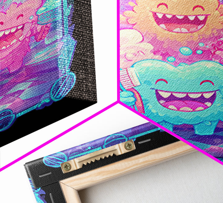 The Monster Toothbrush Club, Vaporwave Halloween Decor, Square Wall Art, Canvas Print, Retro Halloween Decor, Neon Wall Art