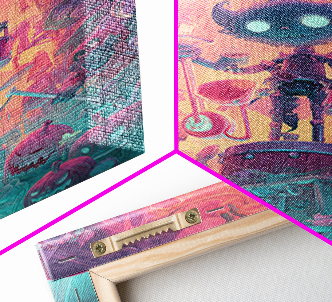 The Little Monster Orchestra, Synthwave Halloween Art, Vertical Wall Art, Canvas Print, Retro Halloween Decor, Neon Wall Art