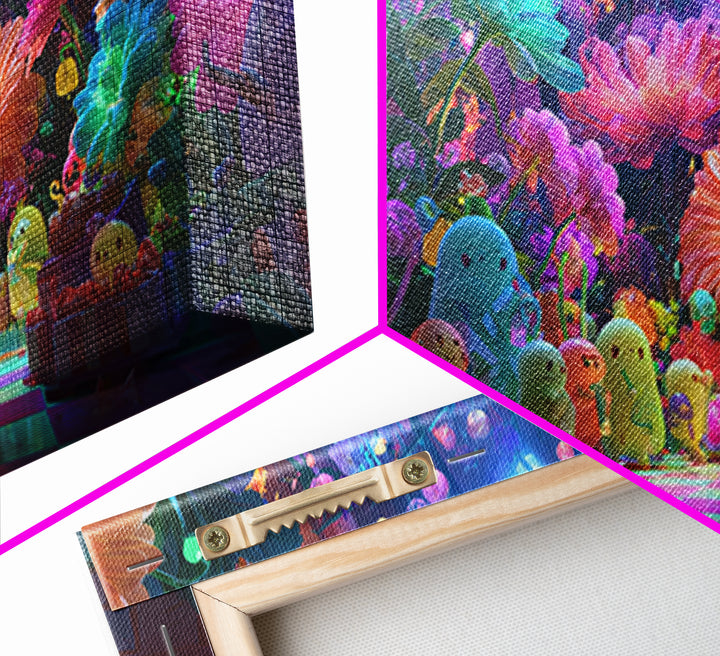 The Monster Flower Shop, Cute Spooky Neon Art, Wide Panoramic Art, Canvas Print, Retro Halloween Decor, Neon Wall Art, Macabre Wall Art