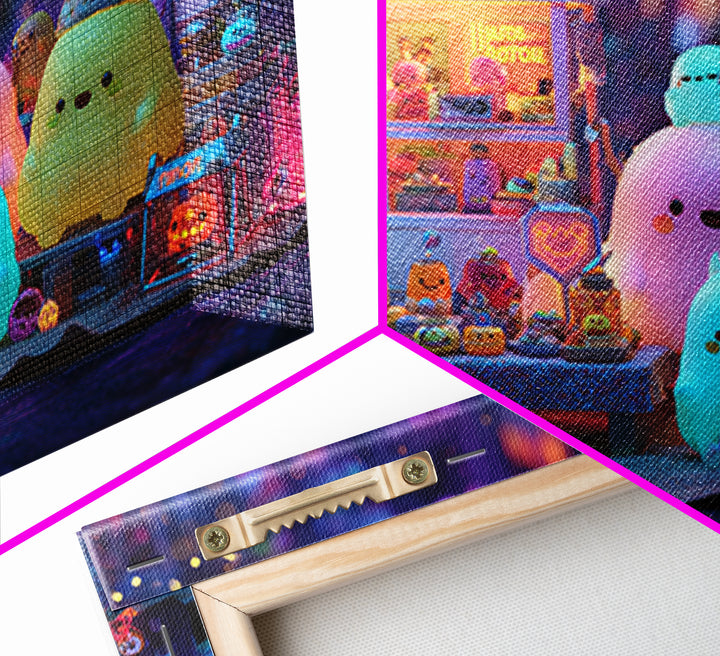 The Monster Friendship Picnic, Retro Neon Halloween Art, Landscape Wall Art, Framed Canvas Print, Retro Halloween Decor, Neon Wall Art