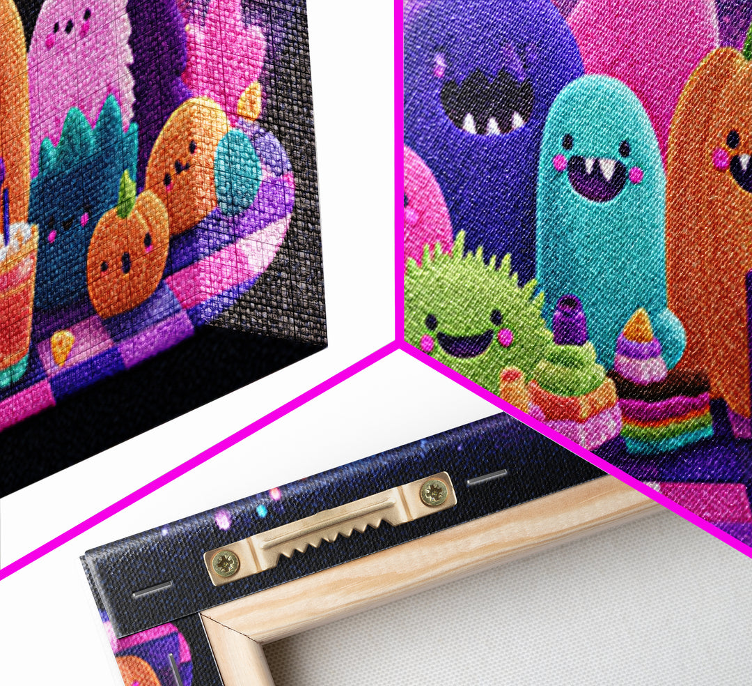 The Monster Friendship Picnic, Retro Neon Halloween Art, Wide Panoramic Art, Canvas Print, Retro Halloween Decor, Neon Wall Art
