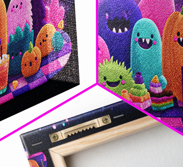 The Monster Friendship Picnic, Retro Neon Halloween Art, Wide Panoramic Art, Canvas Print, Retro Halloween Decor, Neon Wall Art