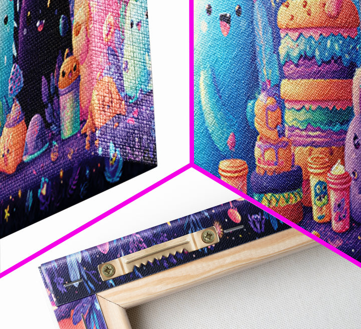 The Monster Friendship Picnic, Synthwave Halloween Art, Extra Wide Wall Art, Framed Canvas Print, Retro Halloween Decor, Neon Wall Art
