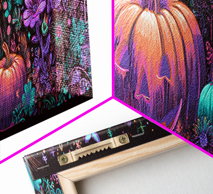The Pumpkin Painting Party, 80s Halloween Wall Art, Extra Wide Wall Art, Canvas Print, Retro Halloween Decor, Neon Wall Art
